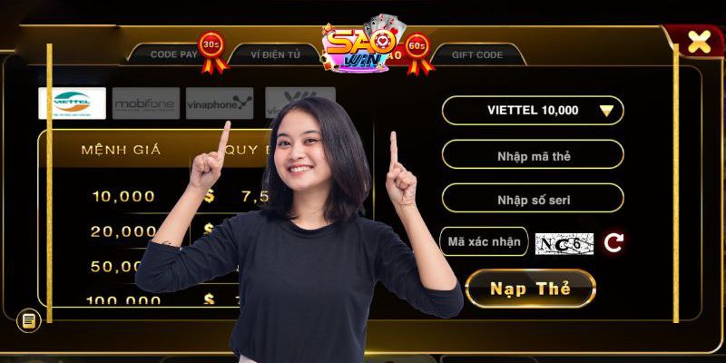 Khi chơi Saowin nộp tiền tối thiểu bao nhiêu? 1 Nạp tiền Saowin thông qua thẻ cào